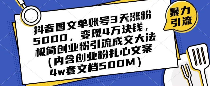 抖音图文单账号3天涨粉5000,变现4万块钱,极简创业粉引流成交大法-第一资源库