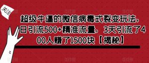 超级牛逼的微信病毒式裂变玩法,日引流500+精准流量,3天引流了400人赚了1500块【揭秘】-第一资源库